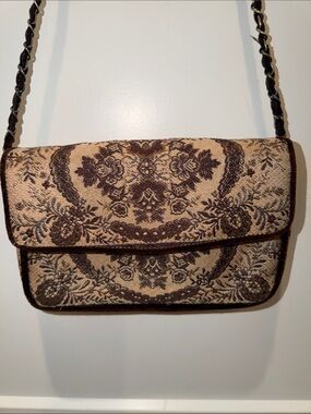 Marco Avane Vin Brown and Cream Floral Tapestry Crossbody Bag with Chain Strap